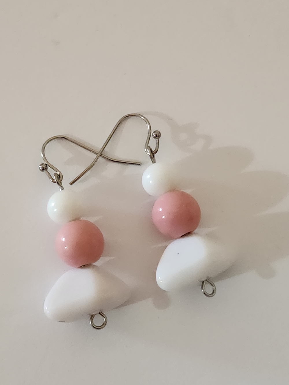 Hand Crafted Pink and White Bead Drop Earrings